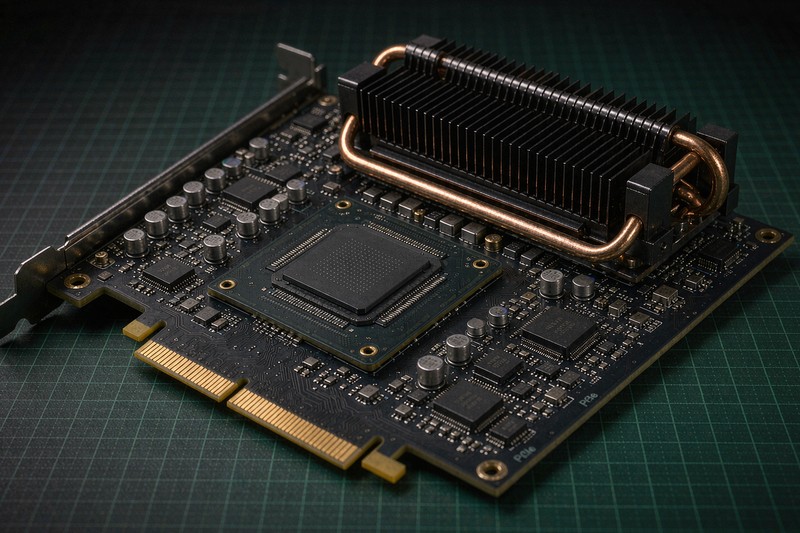 AI accelerator card with GPU BGA package, thermal via array beneath the die, heat pipe heatsink, and PCIe edge connector gold fingers