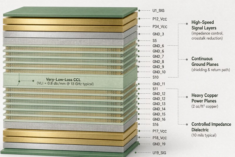 Cross-section of a 20-layer AI server PCB stackup showing high-speed signal layers, continuous ground planes, heavy copper power planes, and controlled impedance dielectric